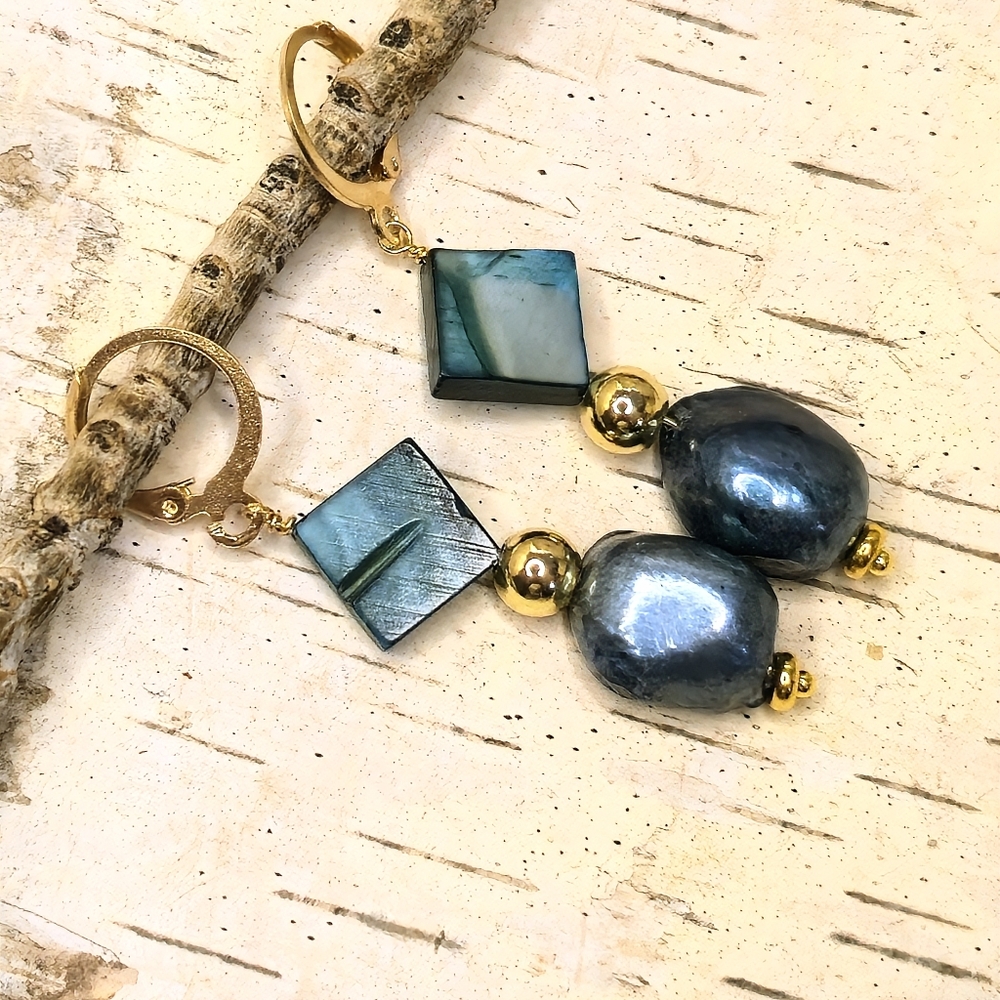 Teal Peacock Mother Of Pearl & Teal Baroque Pearl In Gold Plated Earrings